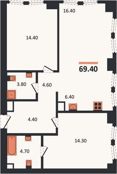 Планировка: 2-к, 69,4 м²