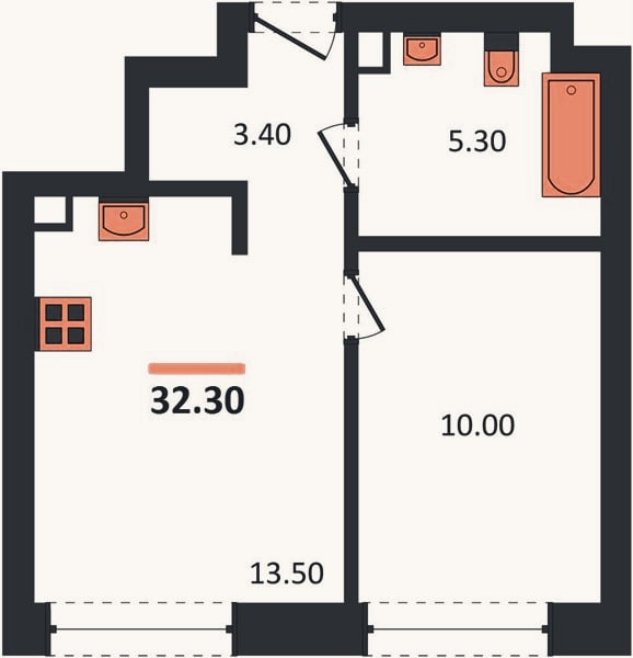 Планировка: 1-к, 32,3 м²