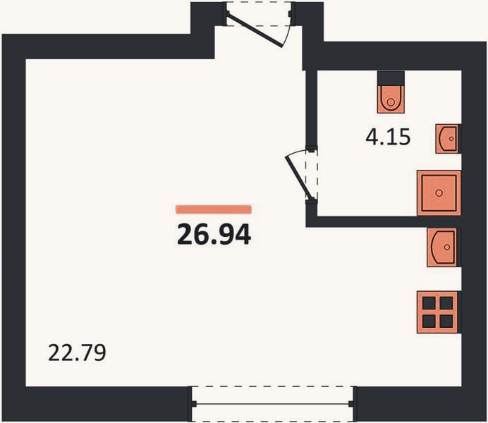 Планировка: Студия, 26,9 м²