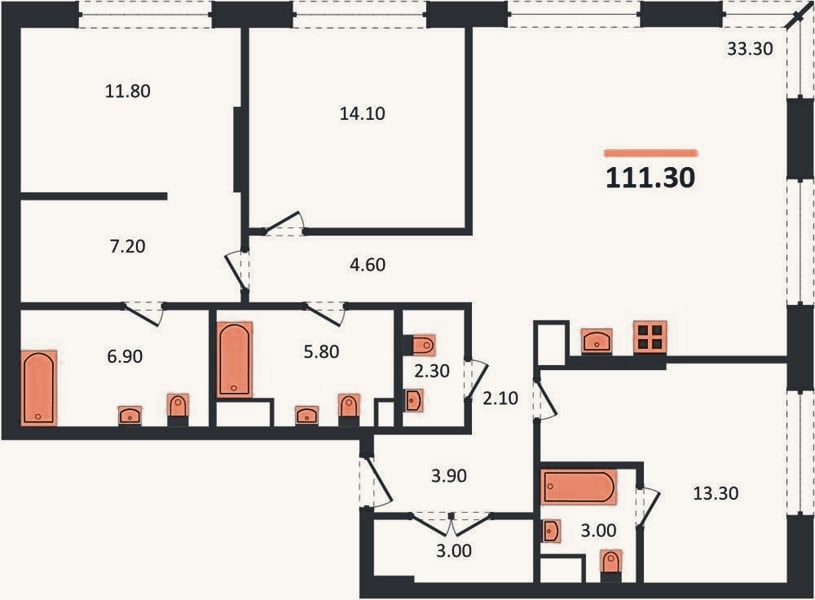 Планировка: 3-к, 111,3 м²