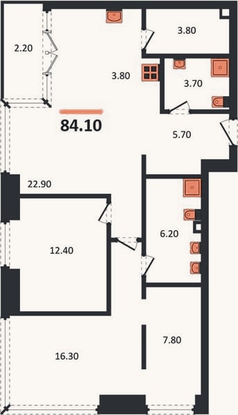 Планировка: 2-к, 84,1 м²
