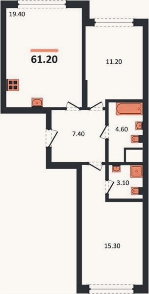 Планировка: 2-к, 62,6 м²
