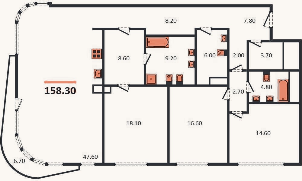 Планировка: 3-к, 158,1 м²