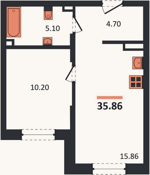 Планировка: 1-к, 35,9 м²