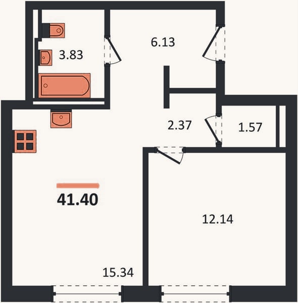 Планировка: 1-к, 41,4 м²