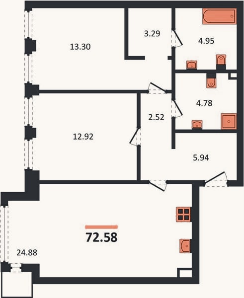 Планировка: 2-к, 72,6 м²