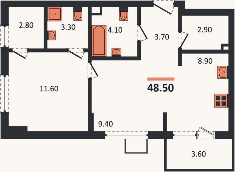 Планировка: 1-к, 48,5 м²