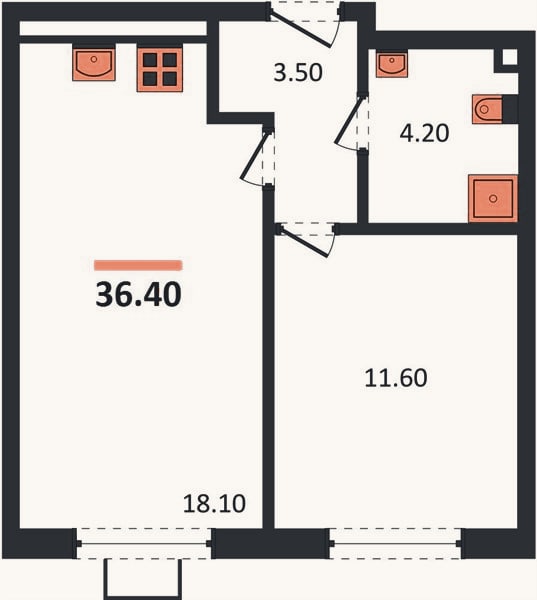 Планировка: 1-к, 36,4 м²