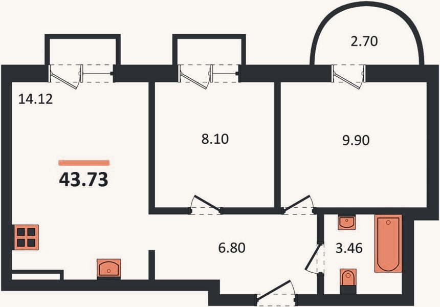 Планировка: 2-к, 43,7 м²