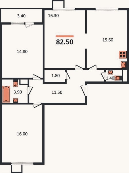 Планировка: 3-к, 82,5 м²