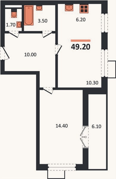 Планировка: 1-к, 49,2 м²