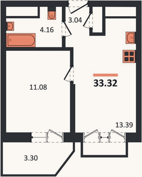Планировка: 1-к, 33,3 м²