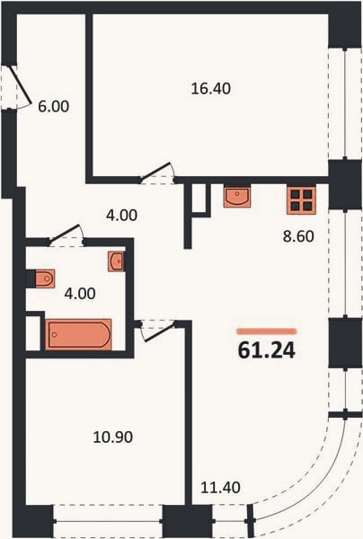 Планировка: 2-к, 61,2 м²