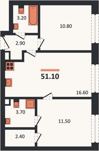 Планировка: 2-к, 51,1 м²