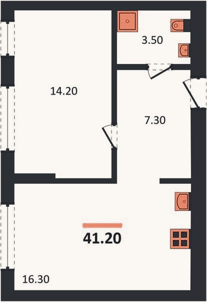 Планировка: 1-к, 41,2 м²