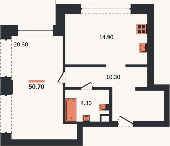 Планировка: 1-к, 50,7 м²