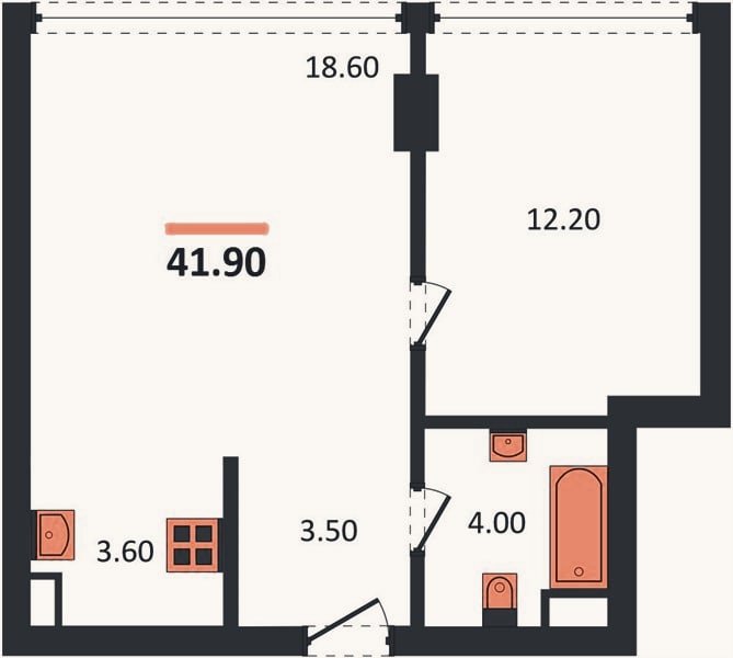 Планировка: 1-к, 41,9 м²