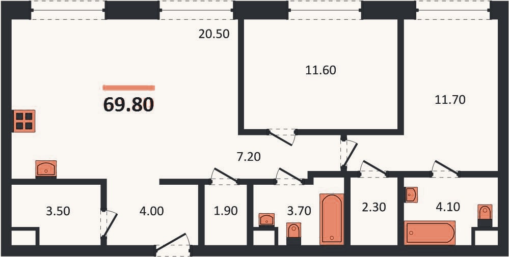 Планировка: 2-к, 69,8 м²