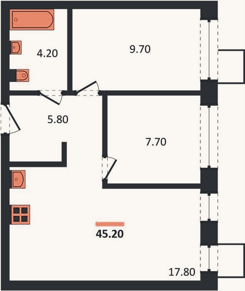 Планировка: 2-к, 45,2 м²
