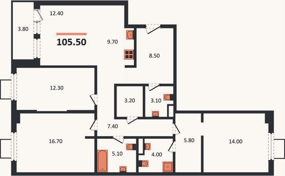 Планировка: 3-к, 105,5 м²