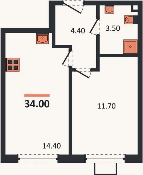 Планировка: 1-к, 34 м²
