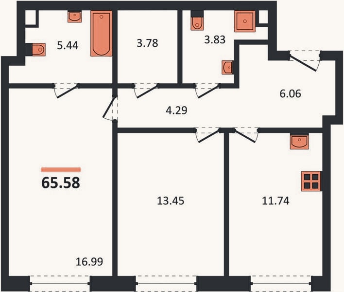 Планировка: 2-к, 65,6 м²