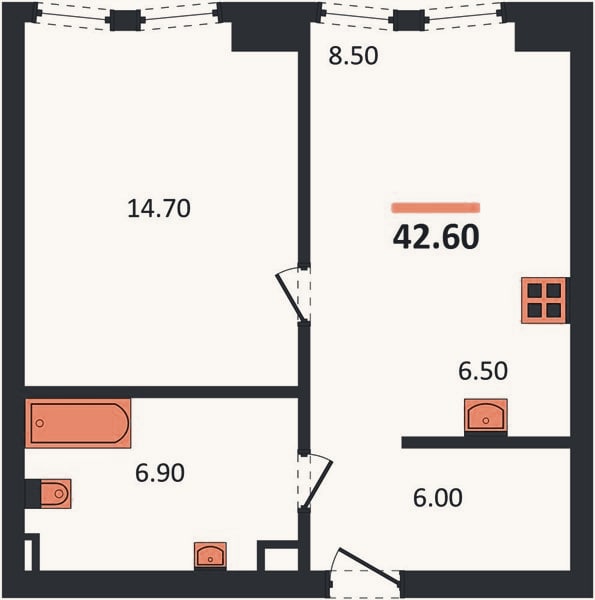 Планировка: 1-к, 42,6 м²