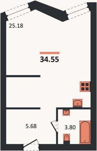 Планировка: Студия, 34,6 м²