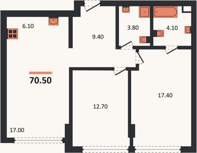 Планировка: 2-к, 70,5 м²