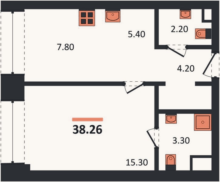 Планировка: 1-к, 38,3 м²