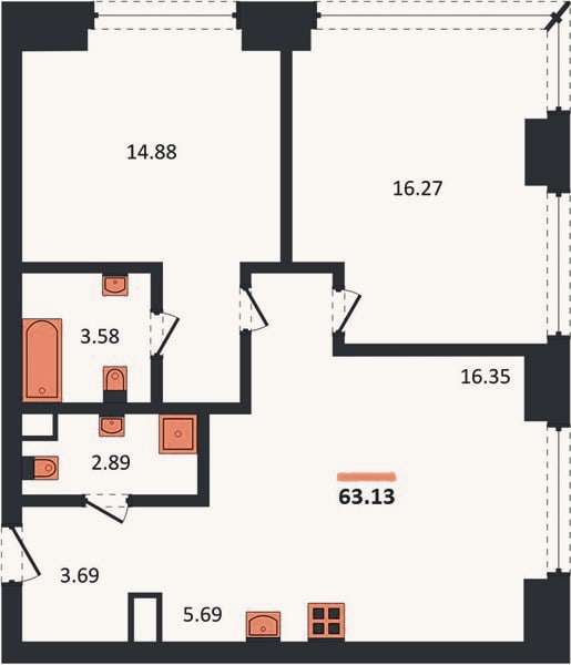 Планировка: 2-к, 63,1 м²