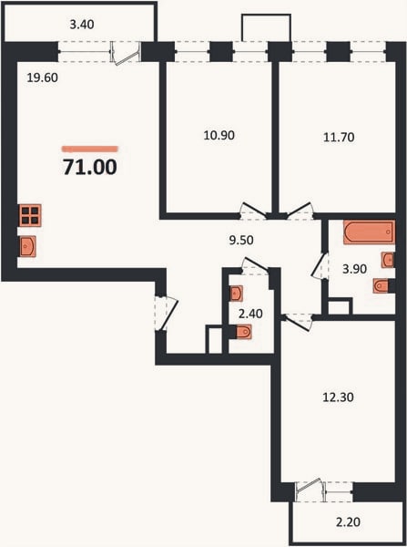 Планировка: 3-к, 71 м²