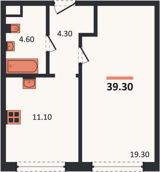 Планировка: 1-к, 39,3 м²