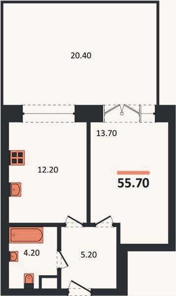 Планировка: 1-к, 55,7 м²