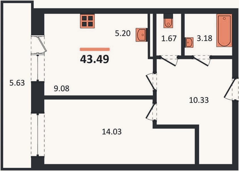 Планировка: 1-к, 43,5 м²