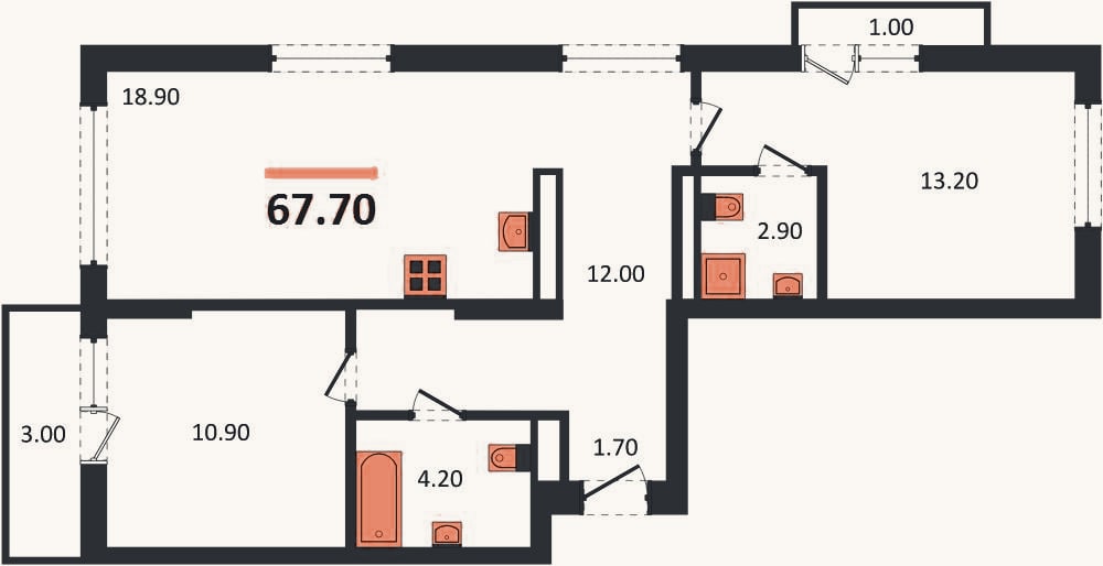 Планировка: 2-к, 67,7 м²