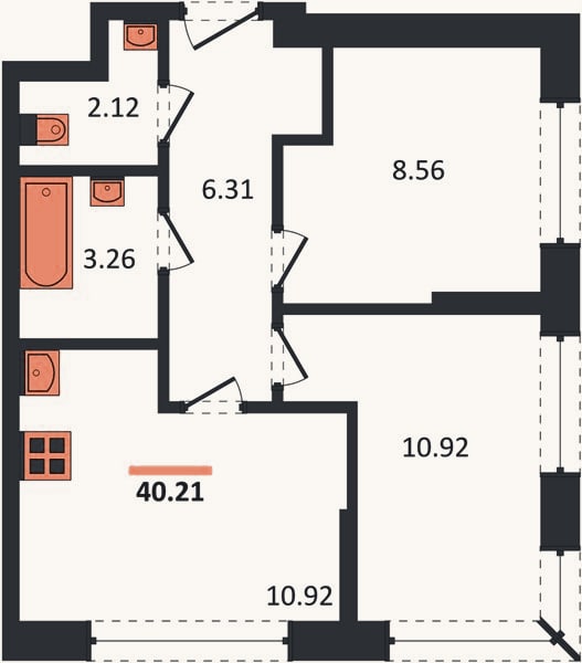 Планировка: 2-к, 40,2 м²