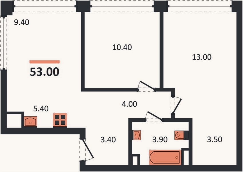 Планировка: 2-к, 53,4 м²