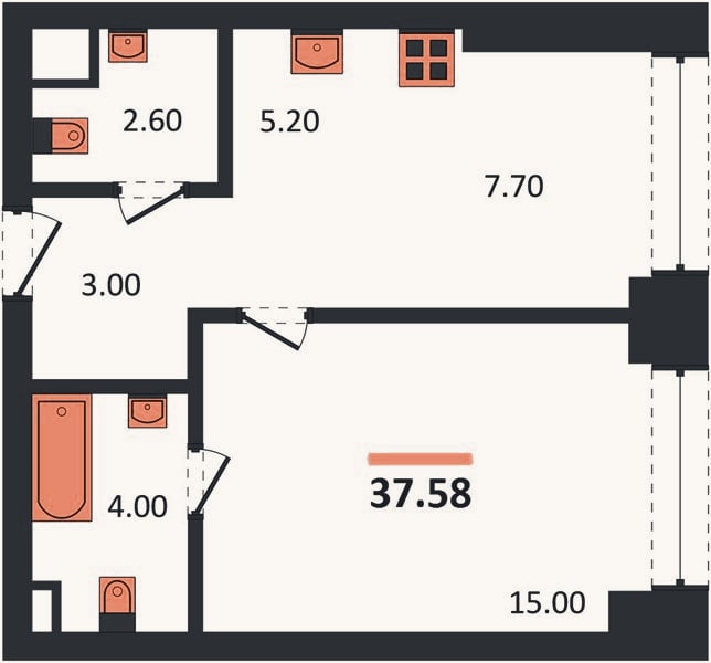 Планировка: 1-к, 37,6 м²