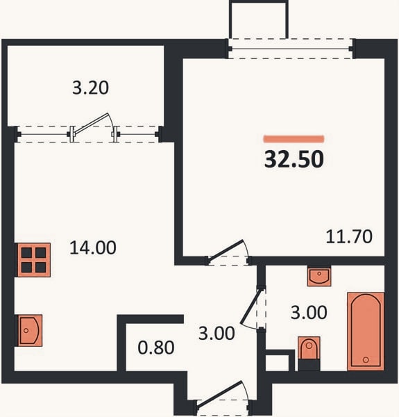 Планировка: 1-к, 32,5 м²