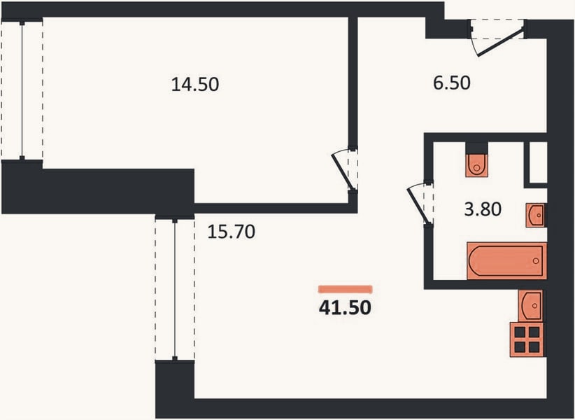 Планировка: 1-к, 41,5 м²