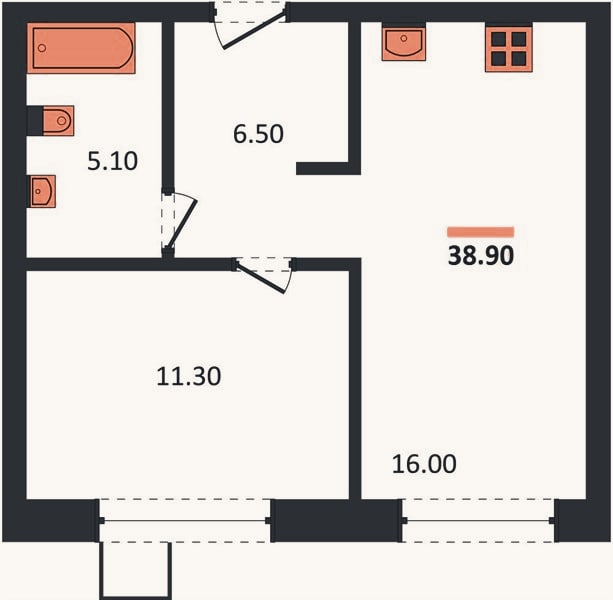 Планировка: 1-к, 38,9 м²
