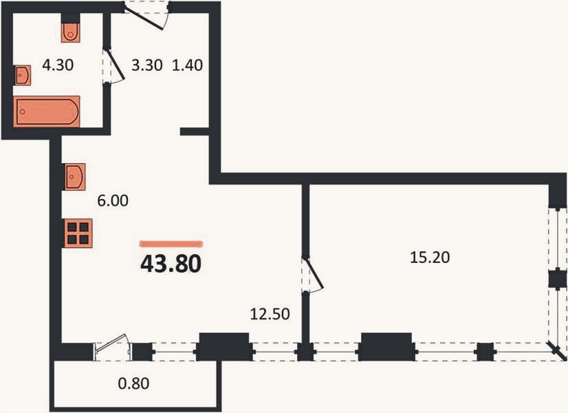 Планировка: 1-к, 47,3 м²