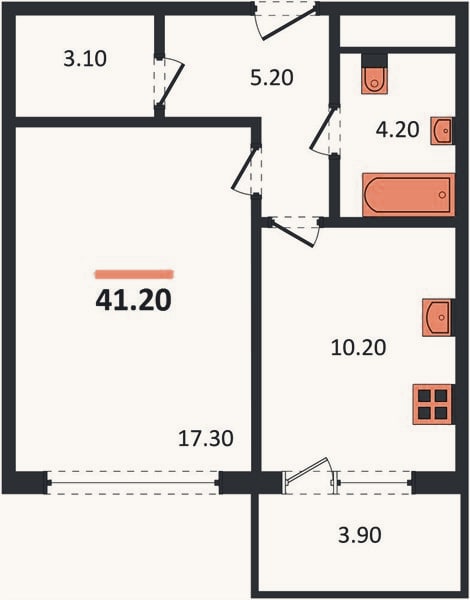 Планировка: 1-к, 41,2 м²