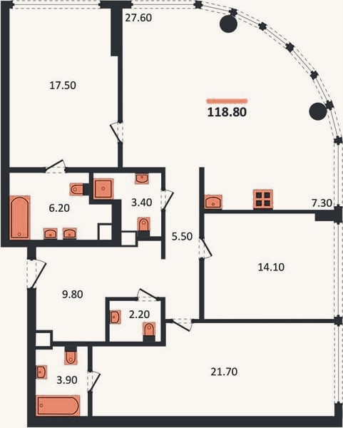 Планировка: 3-к, 118,8 м²
