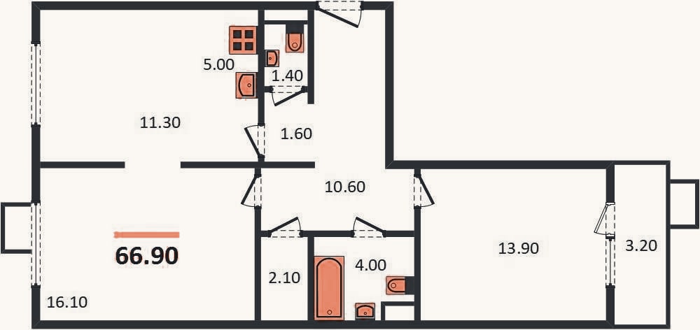 Планировка: 2-к, 66,9 м²