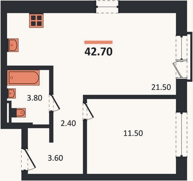 Планировка: 1-к, 42,7 м²