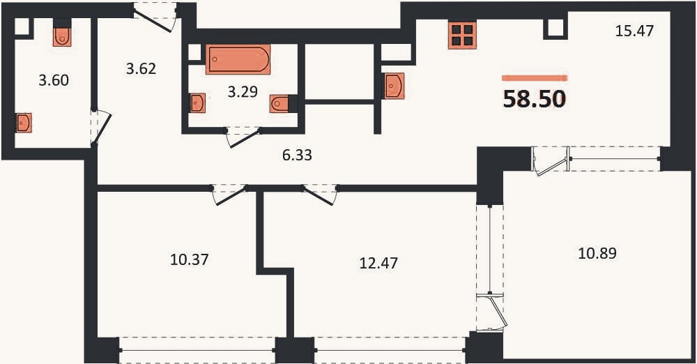 Планировка: 2-к, 58,5 м²