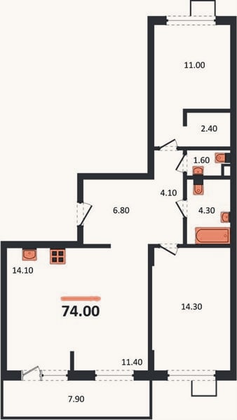 Планировка: 2-к, 74 м²