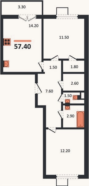 Планировка: 2-к, 57,4 м²